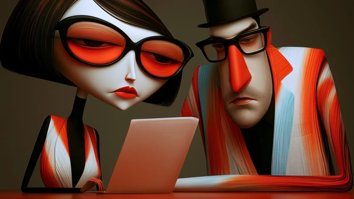 Two Gicnode developers reviewing a build together on one laptop